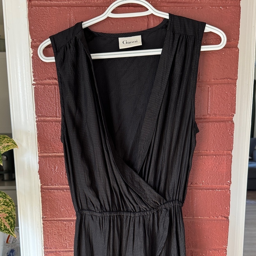 Ganni Black Faux Wrap Sleeveless High Low Dress